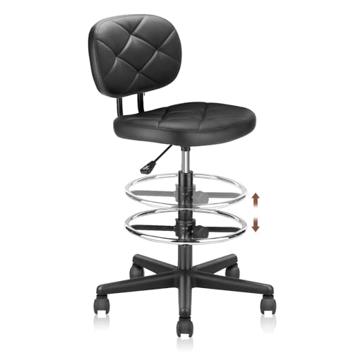 KLASIKA Leather Drafting Stool Chair with Ergonomic Backrest & Footrest, Padded Seat Adjustable Height 360° Swivel Rolling Stools, Tall Office Chair for Standing Desk, Shop, Drawing, Work, Black - color: Albert_black, size: 1 Pack