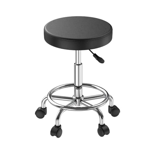 Rolling Stool Adjustable Height 360° Swivel PU Seat with Wheels - color: Black Backless