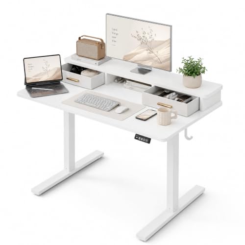 Grandder Electric Standing Desk with Two Drawers, Sit to Stand Up Height Adjustable Desk with Storage Shelf for Home Office, 47 * 24 Inch, Study, Ergonomic Adjustable Computer Desk, White - color: White, size: 47 Inch