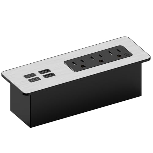 Kable Kontrol Recessed Power Strip Kit with Fast Charging 2 PD65W USB-C Ports, 2 USB-A ports, 3 Power Desk Outlets, Replaceable Silver Finish Panel Plate Flush Mount Furniture Charging Station Grommet - color: Black With Silver Finish Plate, size: 1