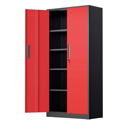 SUNCROWN Metal Garage Storage Cabinet, 72" Locking Steel Garage Cabinets with 2 Door and 4 Adjustable Shelves, Tall Metal Tool Cabinets for Home Office, Garage, School, Black Red - color: Black & Red, size: 72"H x 32"W x 16"D