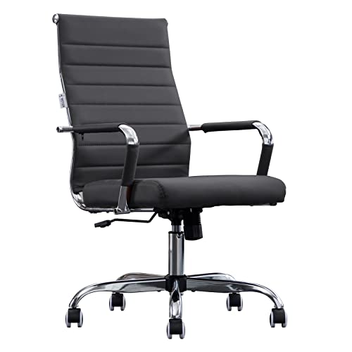 Home Office Chair Ribbed, Modern Leather Conference Room Chairs, Ergonomic Office Desk Chair, High Back Executive Computer Chair, Adjustable Swivel Chair with Arms (Black) - color: Black