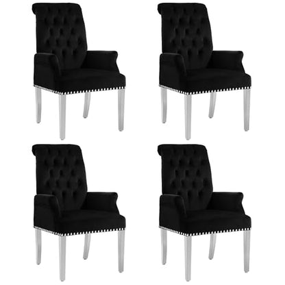 LOULENS Velvet Dining Chairs Set of 4, Dining Chairs with Arms, Black | Upholstered, High Back, Tufted, Luxurious, Stainless Steel Leg, for Kitchen & Dining Room - color: Black, size: 4 PCS