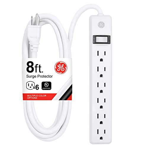 GE Power Strip, 6 Outlet Extender, 8 Ft Long Extension Cord | Multiple Outlets, Wall Mount, On Off Switch, Home Office Dorm Essentials, ETL Safety Listed, White, 67122 - size: 8 Ft