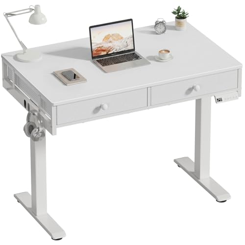 KLUVIS White Electric Standing Desk with Drawers, 39 Inch Small Adjustable Desk with Storage, Sit Stand Computer Study Writing Desks for Small Space Home Office, Stand Up Work Desks for Walking Pad - color: White, size: 39.4''