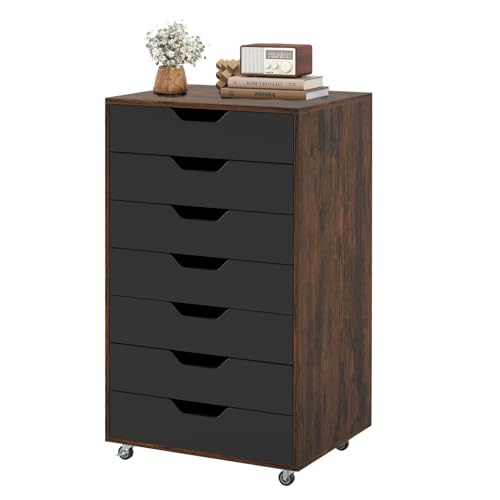 7 Drawer File Cabinet, 34.5" Vertical Storage Drawer Cart, Under Desk Office Organizer, Wooden Printer Stand, Rolling Filing Cabinet for Home Office (Rustic Brown) - color: Rustic Brown, size: 19" x 15.5" x 34.5"