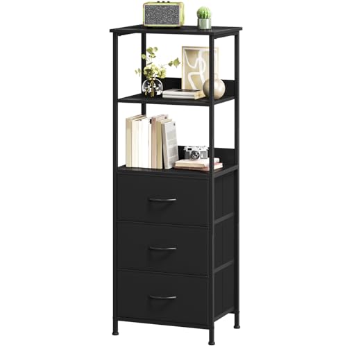 Somdot 5 Tier Bookshelf with 3 Drawers, Narrow Storage Bookcase for Bedroom | Tall Metal Frame Bookcase for Small Spaces, Living Room and Home Office, Black - color: Black