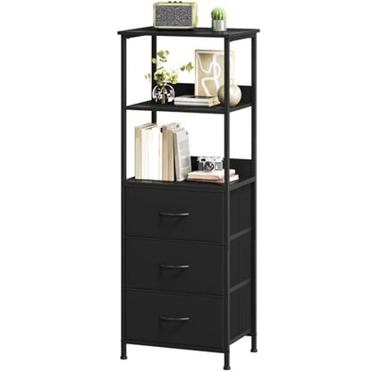 Somdot 5 Tier Bookshelf with 3 Drawers, Narrow Storage Bookcase for Bedroom | Tall Metal Frame Bookcase for Small Spaces, Living Room and Home Office, Black - color: Black