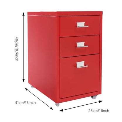 3 Drawers File Cabinet, 16 * 11 * 18.9In Aluminum Alloy Mobile Filing Cabinet Rolling Filing Cabinets Rectangular Storage Cabinets with Lock&4 Wheels for Kitchen Bedroom Living Room (Red) - color: Red