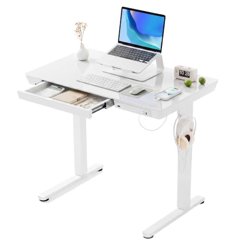 Claiks Small Glass Standing Desk with Drawers & USB Ports 35x19 White - color: Super White Glass, size: 35 inch