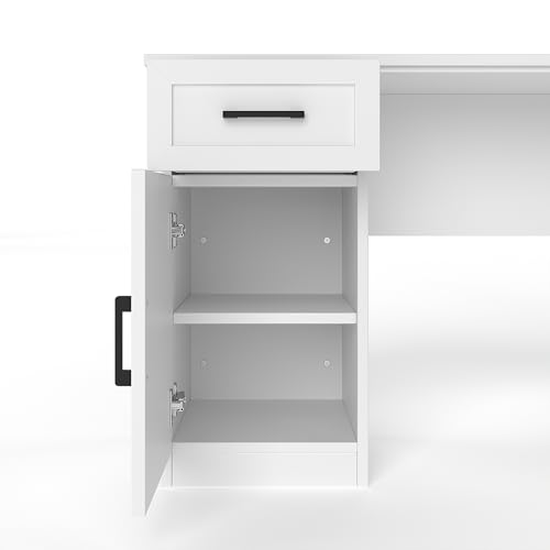 RuiSiSi L Shaped Offic Desk with Hutch and Drawers, Farmhouse Home Desk with Cabinets and Open Shelves, Wood Executive Desk for Study, Living Room, White - color: White, size: 65"L x 52"W x66.1"H
