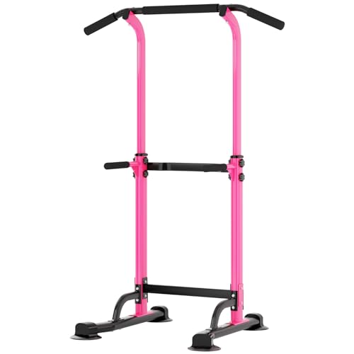 soges Power Tower Pull Up Bar Station, Free Standing Pull Up Rack Dip Station for Home Gym, Height Adjustable Home Strength Training Fitness Workout Equipment - color: Pink