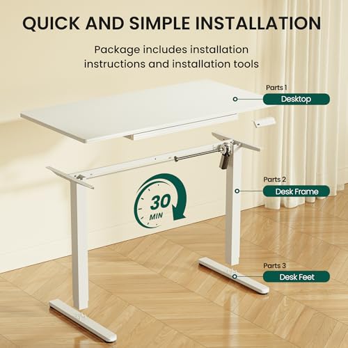 BANTI 48"x24" Standing Desk with Glass Top, Height Adjustable Computer Desk with Drawer, One-piece Rising Home Office Desks with Positon Memory, Sit Stand Up Electric Workstation Table, White
