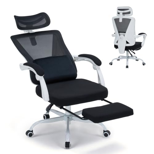 Ergonomic Home Office Chair with Footrest - Adjustable Lumbar Support & 3D Headrest, 90-160° Reclining Mesh High-Back Rolling Work Swivel Computer Chair-400lbs Capacity (White & Black) - color: Black & White