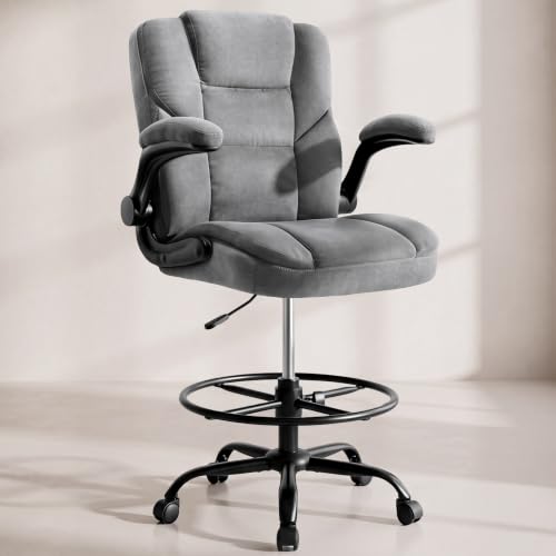 Drafting Chair 500Lbs, Tall Office Chair for Standing Desk, Fabric Executive Office Chair with Flip-up Armrests, Ergonomic High Chair with Adjustable Foot Ring, Comfy Stool Chairs, Grey - color: Light Grey
