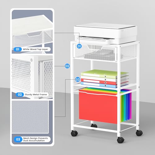 Cawukege 3 Tier Printer Stand, Small Mobile Table with Wheels, Printer Shelf Rolling Cart with Storage Desk Organizer Hanging File for Office Home, White - color: White