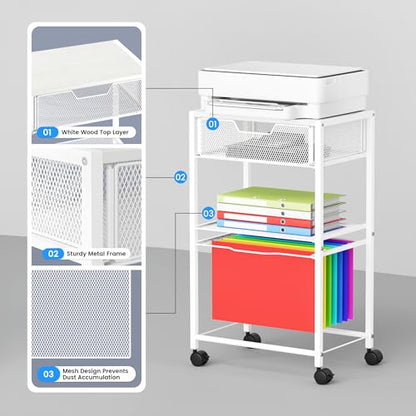 Cawukege 3 Tier Printer Stand, Small Mobile Table with Wheels, Printer Shelf Rolling Cart with Storage Desk Organizer Hanging File for Office Home, White - color: White