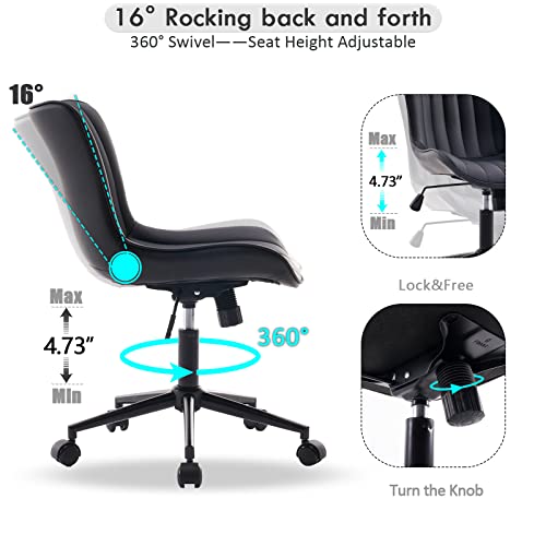 YOUNIKE Black Office Desk Chair with Wheels Armless Vanity Chair Modern | Faux Leather Upholstered with Rocking Back, Swivel Height Adjustable Small Cute Computer Rolling Task Chair Ergonomic 300lb - color: Black, size: Base Black