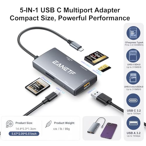 Eanetf 5-in-1 USB C Hub 10Gbps CFexpress Type C for 8K RAW