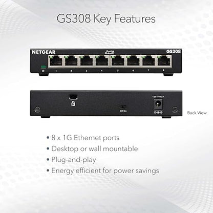 NETGEAR 8-Port Gigabit Ethernet Unmanaged Network Switch (GS308) | Essentials Model, Home Network Hub, Office Ethernet Splitter, Plug-and-Play, Silent Operation, Desktop or Wall Mount - size: 8 Port