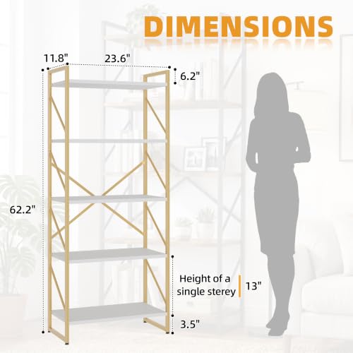 JAMFLY 5 Tiers Bookshelf, Classically Tall Bookcase Shelf,Industrial Book Rack,Modern Book Holder in Bedroom/Living Room/Home/Office, Gold - color: Gold-framed Whitewood