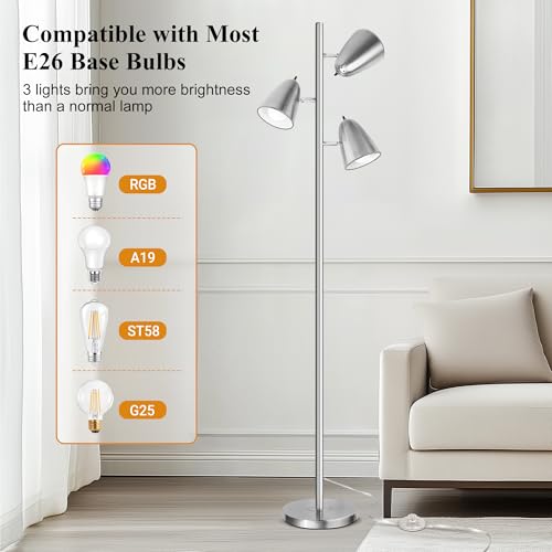 QiMH Tree Floor Lamp with 3 Light Bulbs, Standing Tall Pole Lamps for Living Room Bedroom Office, Reading Stand up Lamps with 3 Adjustable Arms,Brushed Nickel - color: Brushed Silver