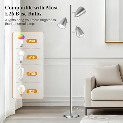QiMH Tree Floor Lamp with 3 Light Bulbs, Standing Tall Pole Lamps for Living Room Bedroom Office, Reading Stand up Lamps with 3 Adjustable Arms,Brushed Nickel - color: Brushed Silver
