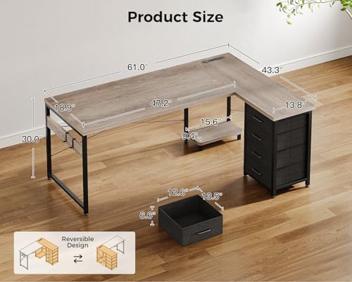 AODK 61" L Shaped Gaming Desk with 4 Drawers and Power Outlets, Grey - color: Grey, size: 61 Inch
