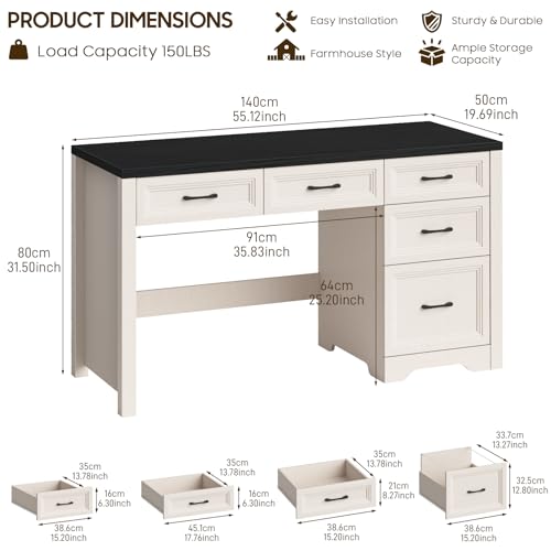 Vabches 55″ Farmhouse Desk with 5 Storage Drawers, Black | Large Home Office Computer Desk with Adjustable File Drawer, Executive Workstation with Storage for Study Writing Work