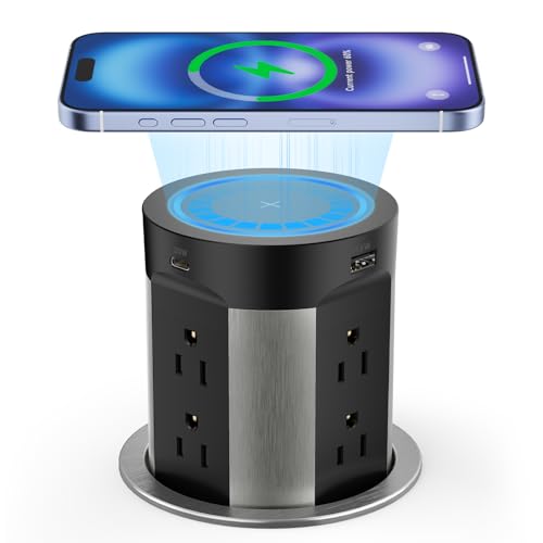 Kungfuking Pop Up Outlet for Countertop Kitchen, 15W Wireless Charger, 75W USB C Counter Top Electrical Power, 8 Outlets & 4 USB Ports, 4" Hole Recessed Popup Outlet for Island Conference Table - color: Black