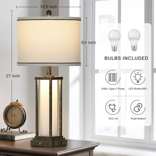27" Tall Vintage Table Lamp Set of 2 with USB C+A & Outlet,Bronze Industrial End Table Lamp for Living Room,Farmhouse Rustic Bedside Lamps with Frosted Glass Night Light for Bedroom Nightstand,Bronze - color: Bronze-1