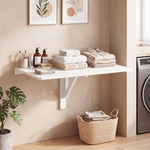 Tangkula 31.5" Wall Mounted Folding Desk, Drop-Leaf Floating Desk with Spacious Surface, Space-Saving Foldable Wall Table for Study, Bedroom, Laundry, Balcony & Small Spaces - color: White