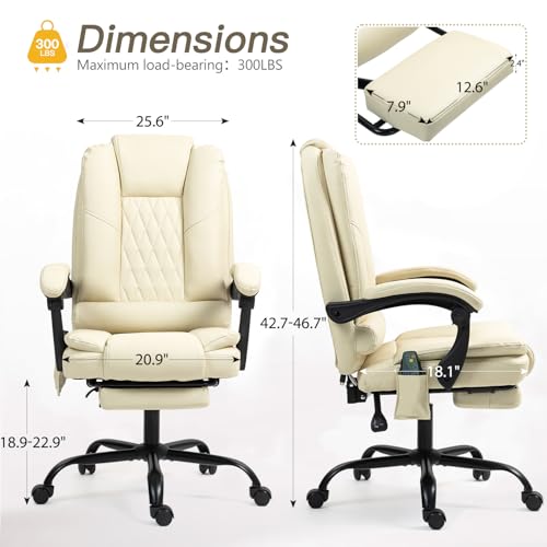 ECOTOUGE Ergonomic Comfy Desk Chair, High Back Computer Chair, Beige | 6-Point Heated Massage Office Chair with Footrest, Executive High Back PU Leather Computer Chair with Armrest & Reclining - color: Beige