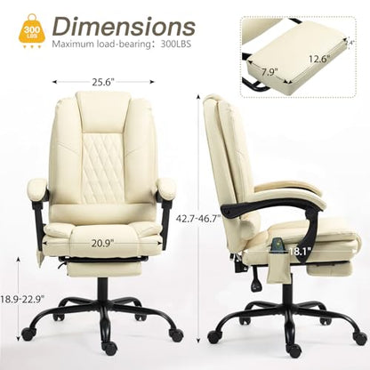 ECOTOUGE Ergonomic Comfy Desk Chair, High Back Computer Chair, Beige | 6-Point Heated Massage Office Chair with Footrest, Executive High Back PU Leather Computer Chair with Armrest & Reclining - color: Beige