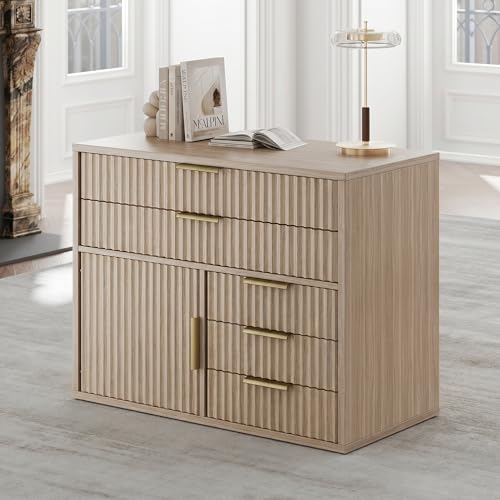Fluted File Cabinet with 5 Drawers, Large Storage with Cabinet Door, Mobile Filing Cabinet with Locable Wheels for Home Office, Natural Oak - color: Natural Oak
