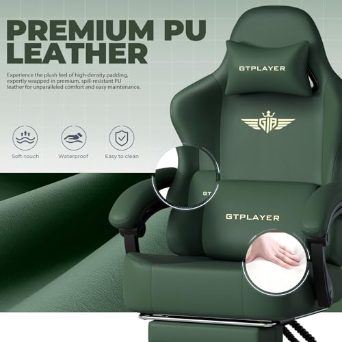 GTPLAYER Big and Tall Gaming Chair 400lbs Heavy Duty Office Chair with Footrest, High Back Pocket Spring Ergonomic Computer Chair for Adults, Wide Seated Cushion with Linkage Armrests, Leather Green - color: Dark Green