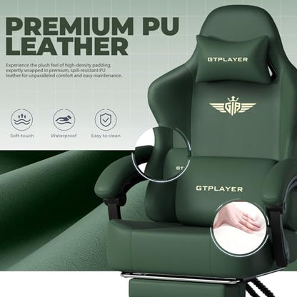GTPLAYER Big and Tall Gaming Chair 400lbs Heavy Duty Office Chair with Footrest, High Back Pocket Spring Ergonomic Computer Chair for Adults, Wide Seated Cushion with Linkage Armrests, Leather Green - color: Dark Green