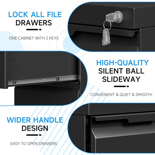Bestoo Mobile File Cabinet, 3 Drawers Filing Cabinet with Wheels | Lockable, Metal File Cabinet, Under Desk File Cabinet, Suitable for Letter/Legal/A4/ File Folder, Easy to Assemble - color: Black, size: 3Drawer-Mobile-24.2"H