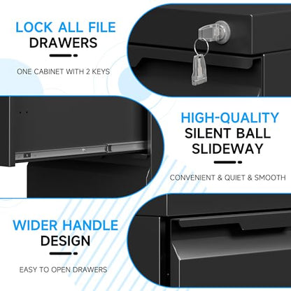 Bestoo Mobile File Cabinet, 3 Drawers Filing Cabinet with Wheels | Lockable, Metal File Cabinet, Under Desk File Cabinet, Suitable for Letter/Legal/A4/ File Folder, Easy to Assemble - color: Black, size: 3Drawer-Mobile-24.2"H