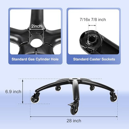 Frassie Office Gaming Chair Metal Base Set Replacement Part | 28 Inch Wide Chair Legs with Bottom Plate Stand Cylinder, 2 Wheels with Brake