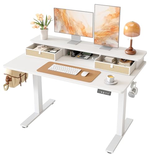 TIQLAB Standing Desk with Two Drawers, Stand Up Standing Desk Adjustable Height, Electric Sit Stand Table with Storage Shelf and Splice Board, 48 * 24 inch, White Wicker - color: White Wicker, size: 47*24 inch without keyboard tray