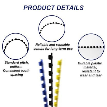 Rayson CR-6-100-M Plastic Binding Combs 1/4in. 21-Ring, 20-Sheet Capacity, Colorful Comb Binding Spines, Max. Binding A4 Size Paper (8.3"×11.7"), Box of 100 - size: 1/4", style: A4 - Available in 7 Vibrant Colors