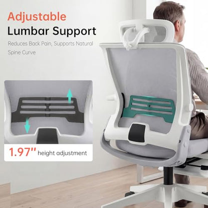 Ergonomic Foldable Office Chair with Footrest and Lumbar Support, Grey | Compact desk chair with space-saving folding design, 2D headrest, 2D armrests, computer cahirs for home office - color: Grey