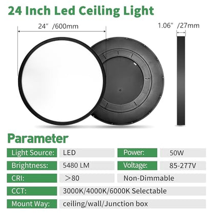 24Inch Black Large LED Flush Mount Ceiling Light, 50W, 5480LM, 3CCT | 3000K/4000K/6000K CCT Selectable, Black Close to Ceiling Round Flat Panel Light, Super Slim LED Ceiling Light for Bedroom - color: Black, size: 24" 1PK