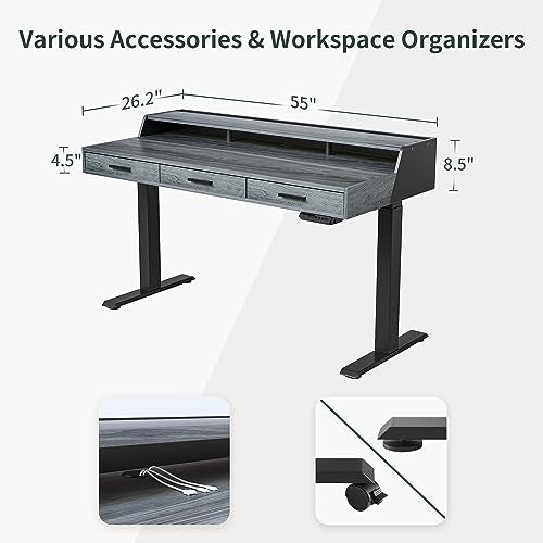 FEZIBO Electric Standing Desk 55x26 Inches with 3 Wood Drawers and Monitor Shelf, Height Adjustable Computer Desk, Ergonomic Rising Home Office Desks, Sit Stand Up Workstation Table, Rustic Grey