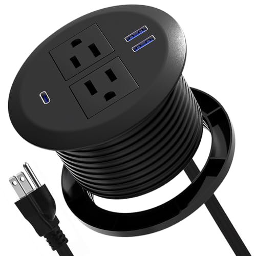 Desktop Power Grommet,PD20W Fast Charging USB-C.3 inch Flush-Mount Desk Outlet,Round Recessed Power Strip,3 USB Ports,2 AC Outlets,ETL Listed,6.5-FT Cable,Black - color: 1-Pack,Fits 3-1/8" Round Holes,Black