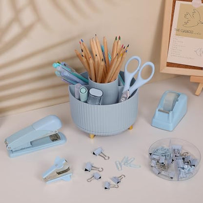 SKYDUE Blue Desk Accessories 11Pcs with Rotating Pen Holder for Desk | Included Stapler with Staples, Staple Remover, Tape Dispenser,2pcs Tape Refills, Binder Paper Clips Kit, Scissor, 2pcs Pens - color: Blue
