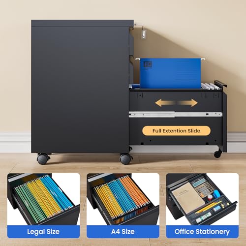 MIIIKO File Cabinet 3 Drawers on Wheels Under Desk, Black Metal Rolling File Cabinets with Lock for Home Office, Un-Assembled Filing Cabinet with Lock - color: Black, size: 3 Drawer-14.57"W -Mobile-a