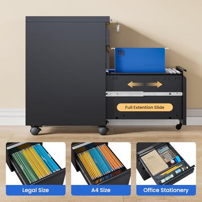 MIIIKO File Cabinet 3 Drawers on Wheels Under Desk, Black Metal Rolling File Cabinets with Lock for Home Office, Un-Assembled Filing Cabinet with Lock - color: Black, size: 3 Drawer-14.57"W -Mobile-a