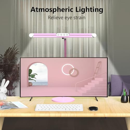 Micomlan Led Desk Lamp with Base, Adjustable Tall Architect Desk Light for Home Office with Flexible Swing Arm, 24W Pink Bright Table Lamp Auto Dimming Computer Light for Workbench - color: Pink